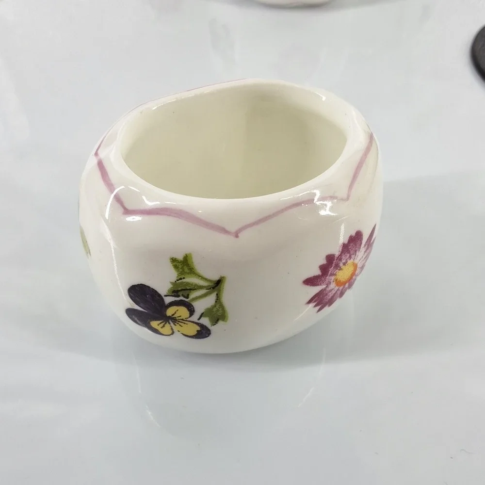 Vintage 1986 Pia Bone China Napkin Rings Set of 4 Floral with Display Tray